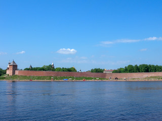 Veliky Novgorod.  The river Volkhov and the Novgorod Kremlin walls
