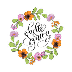 Hello Spring With Floral Wreath Isolated On A White Background Hand Drawn Illustration