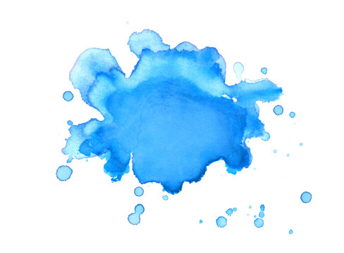 Blue Watercolor Paint Blob Or Blotch With Paint Spatter Drips And Drops On Watercolor Paper Background