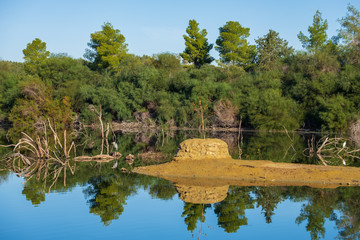 Panoramic view of Athalassa Lake in Cyprus with beautiful reflections of the sky, trees and birds on a beautiful sunny morning