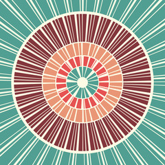 abstract background vector, striped lines in circle pattern in geometric sunburst design of retro colors of blue green pink peach and burgundy red