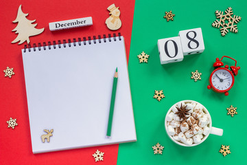 calendar December 8th cup cocoa and marshmallow, empty open notepad
