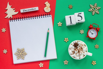 calendar December 15th cup cocoa and marshmallow, empty open notepad