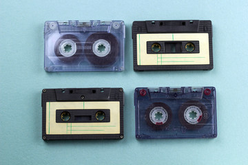 top view of vintage audio cassette tape blue background