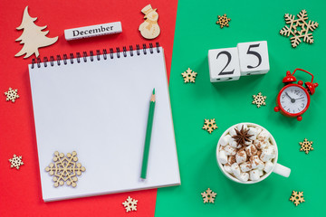 calendar December 25th cup cocoa and marshmallow, empty open notepad