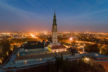 Night aerial drone view on Czestochowa and Jasna Gora monastery