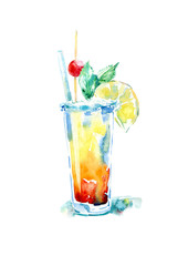 Grenadine cocktail.lemon and mint.Picture of a alcoholic drink.Watercolor hand drawn illustration.Isolated sketch.White background.