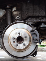 front view of new brake disc on old vehicle