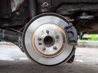 front view of new brake disc on old car