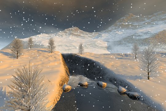 Snowfall, a winter landscape, a beautiful river, coniferous trees and clouds in the sky.