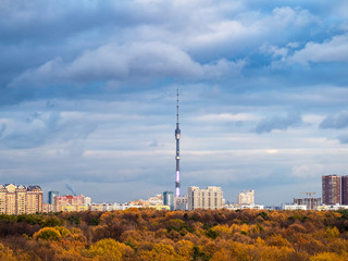 Naklejka premium skyline with autumn forest and city
