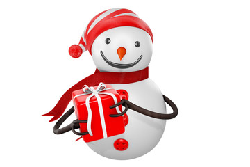 3d rendering front view of a cute smiling snowman wearing a hat and red scarf and holding a gift box, isolated on white background with clipping paths.