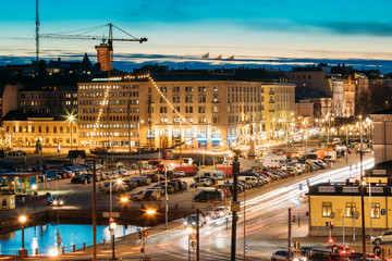 Helsinki, Finland. Evening Night View Of Market Square And Traff