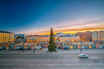 Helsinki, Finland. Christmas Xmas Market With Christmas Tree On 