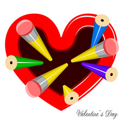 Top view of a heart shaped mug for pencils. Valentine day. Vector illustration design