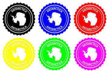 Antarctica - rubber stamp - vector, Antarctica continent map pattern - sticker - black, blue, green, yellow, purple and red