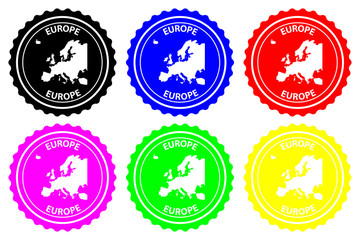 Europe - rubber stamp - vector, Europe continent map pattern - sticker - black, blue, green, yellow, purple and red