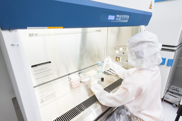 A scientist in sterile coverall gown pipetting medium or reagents for cell culture experiment in...