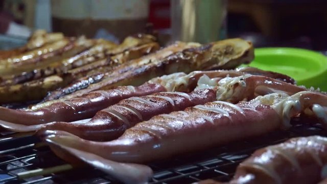 Octopus squid grilled on market in Mae Hong Song Thai food fresh