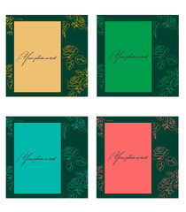 Photo frames or invitation cards for text with outlines of rose flowers in four shades. Set of cards on white background