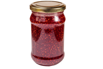 Raspberry jam in glass jar isolated on white background