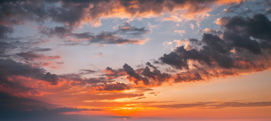 Sunset Sunrise Sky Background. Bright Dramatic Sky In Yellow, Or