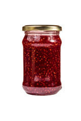 Raspberry jam in glass jar isolated on white background
