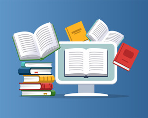 Laptop with the flying books on the background. Modern online education concept. Home education. College homework. Studying at home with computer.