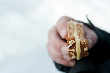 Kleine Zwischenmahlzeit / eine Hand hält ein belegtes Käsebrot