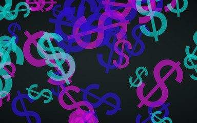 Multicolored translucent dollar signs on dark background. Green tones. 3D illustration