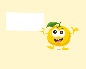 Illustration of cute happy yuzu mascot with offer label in his hand. Isolated on light background.