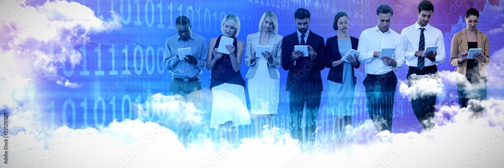 Poster composite image of business people using tablet computer against