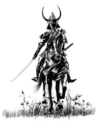 Samourai met zwaard op een paard