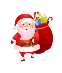 Santa Claus carrying big sack of gifts. Christmas presents, xmas, costume. New Year concept. Can be used for topics like character, cartoon, holiday