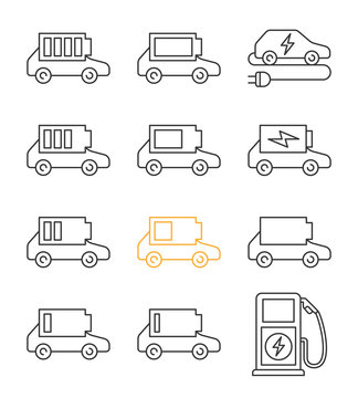Electric car battery charging linear icons set