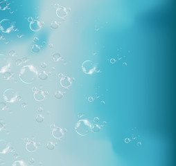 Bubbles in water on blue background horizontal vector. Circle and liquid, light design, clear soapy shiny, vector illustration