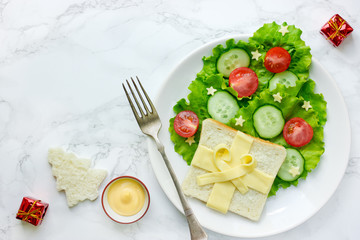 Creative idea for kids meal - edible Christmas tree with gift box from green salad, cherry tomatoes and cucumber slices with cheese sandwich on plate top view