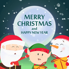 Christmas and New Year flyer design. Happy Santa Claus, snowman and elf holding gifts and dancing. Night and snow in background. Template can be used for banners, posters, postcards