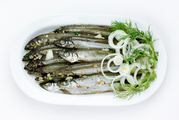 Salted fish with onion and green dill on white plate isolated on white background