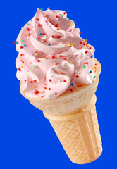 STRAWBERRY ICE CREAM CONE WITH SPRINKLES ON BLUE