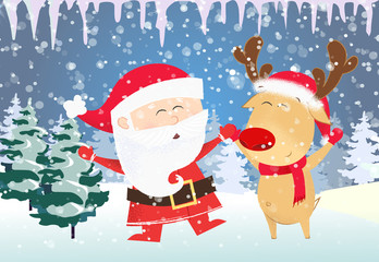 Christmas card template. Dancing Santa Claus and reindeer. Snowy fir trees, icicles in background. Festive design can be used for banners, posters, postcards
