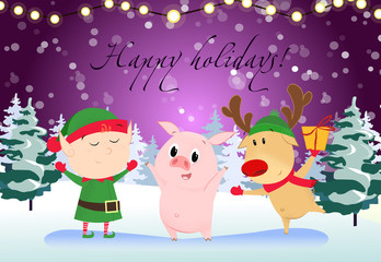 Obraz na płótnie Canvas Happy holidays greeting card design. Cartoon pig, reindeer with gift and elf dancing. Night snowy forest in background. Template can be used for banners, posters, postcards