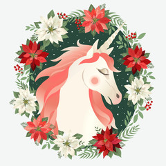 Head of hand drawn unicorn with floral wreath on white background.