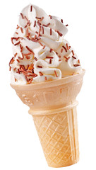 VANILLA ICE CREAM CONE WITH CHOCOLATE SPRINKLES ON WHITE