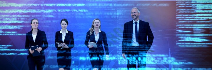 Composite image of businessman walking with colleagues against