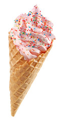 STRAWBERRY ICE CREAM CONE WITH SPRINKLES ON WHITE