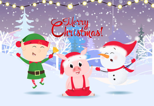 Merry Christmas greeting card design. Cute snowman, elf with jingle and pig in santa hat dancing. Snowy trees, lights and house in background. Template can be used for banners, posters, postcards