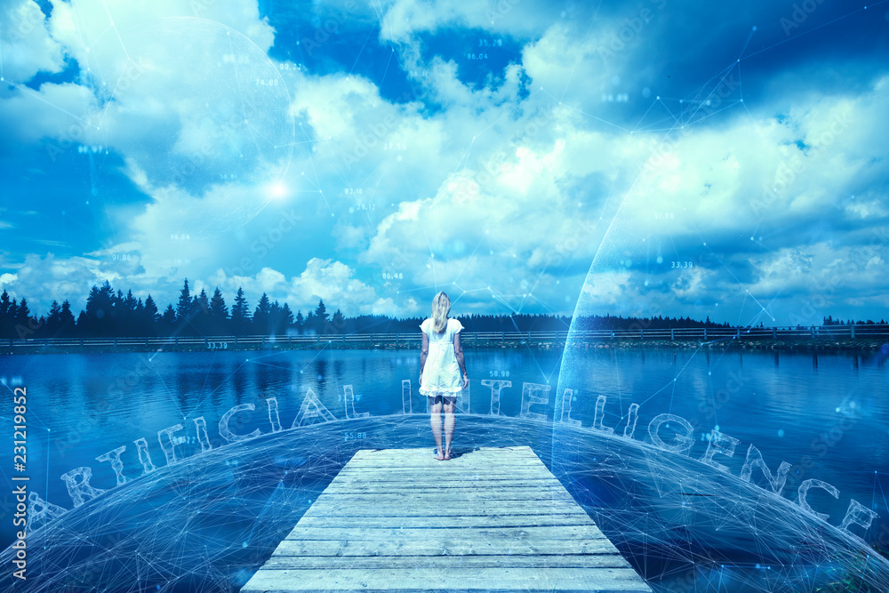 Poster conceptual artificial intelligence cyberspace network background with a woman.