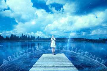 Conceptual artificial intelligence cyberspace network background with a woman.