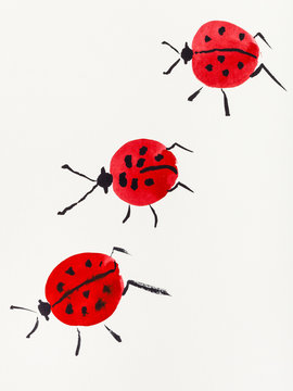 three ladybugs drawn by red and black watercolors